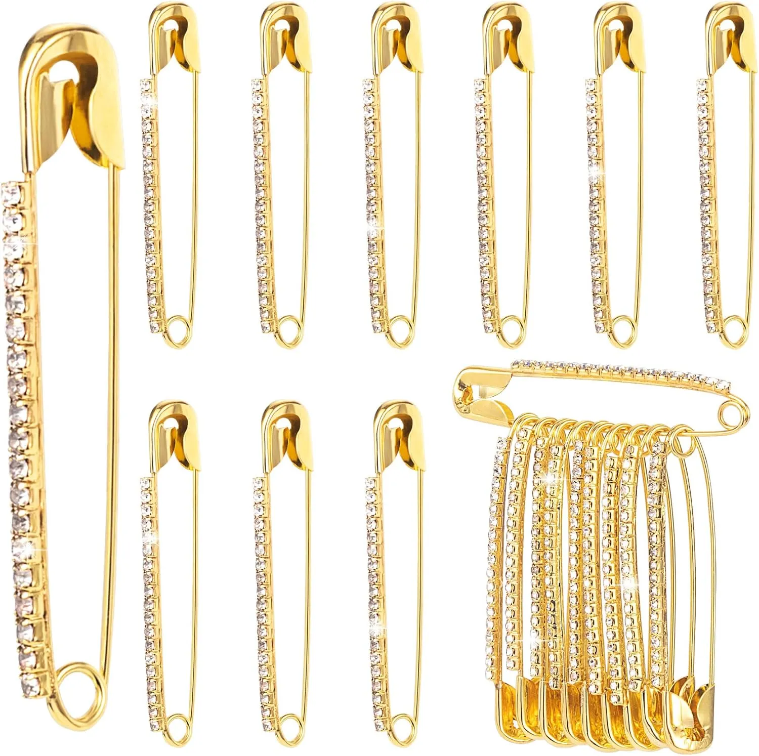 10pcs Rhinestone Safety Pins, Gold Plated Crystal Brooch Pins, Women Safety Pin Brooches, Sweater Clips, Decorative Sock Charm Jewelry Making Supplies for Clothes, Hats, Shawl