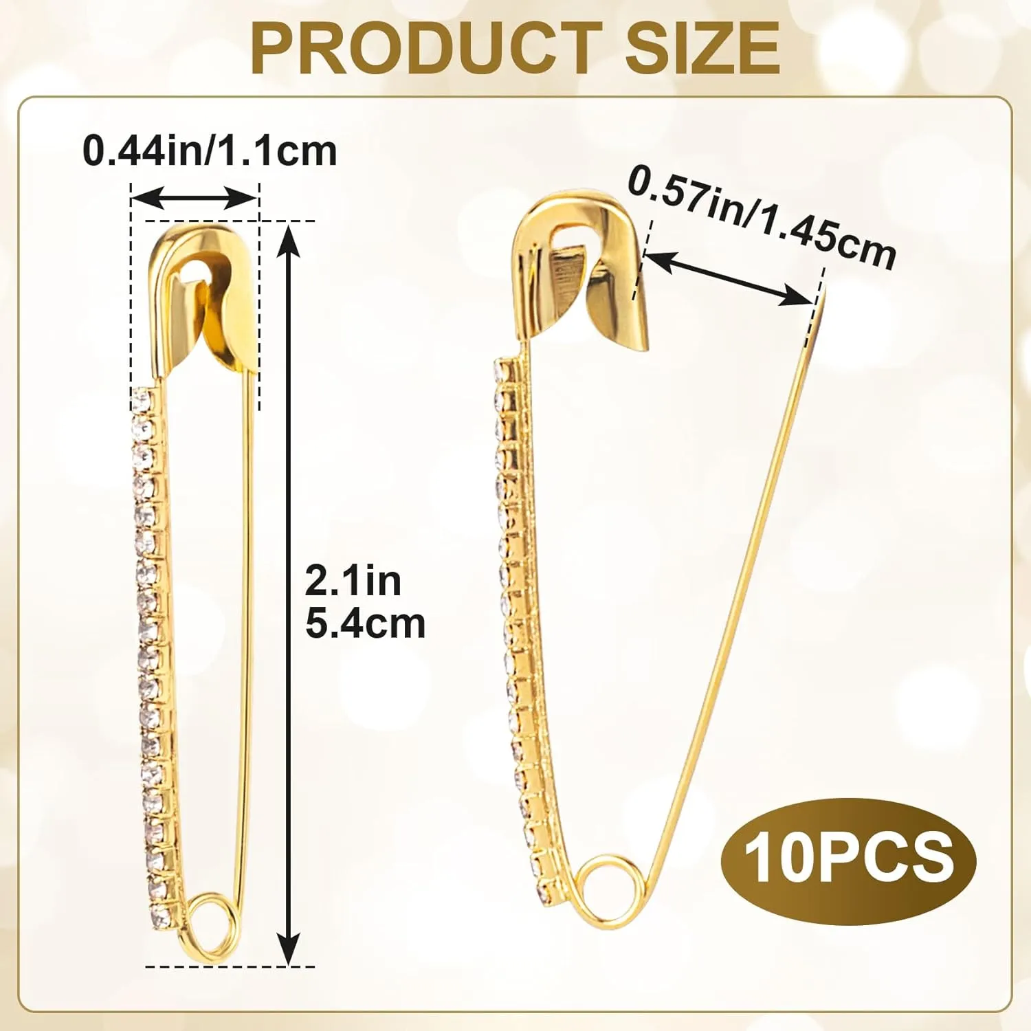10pcs Rhinestone Safety Pins, Gold Plated Crystal Brooch Pins, Women Safety Pin Brooches, Sweater Clips, Decorative Sock Charm Jewelry Making Supplies for Clothes, Hats, Shawl