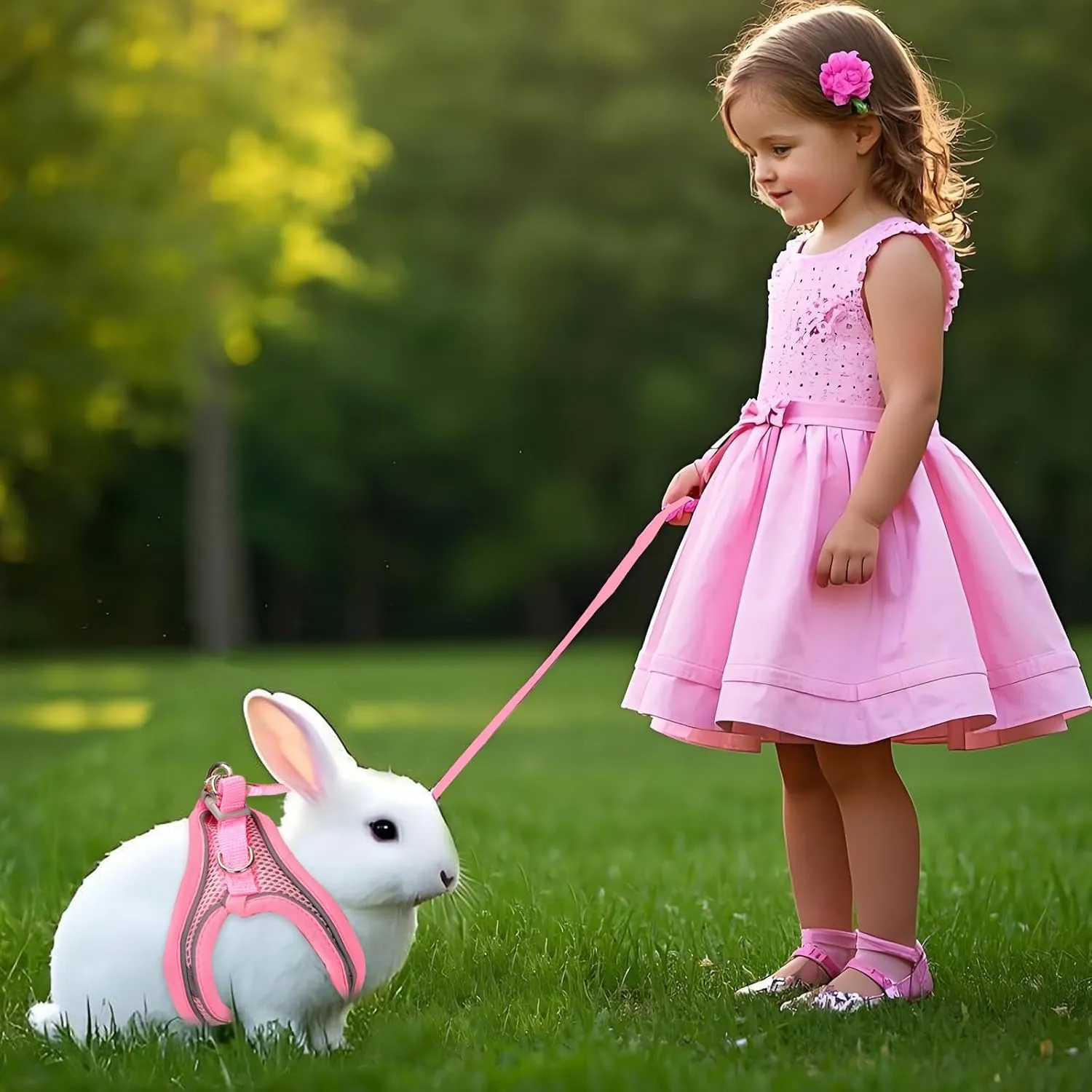 2 Pack Rabbit Harness and Leash Set, Double Buckle Bunny Harness with Reflective Strips Soft Breathable Mesh Vest Harness for Rabbits Walks Accessories(Pink and Yellow)