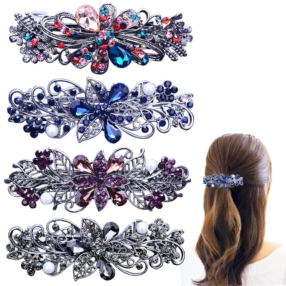 4 PCS Hair Barrettes for Women Ladies, Flower Crystal Rhinestones Barrette Pearl Spring Hair Clip Accessories Women Fashion Ponytail Holders Barrette for Daily Wear Mothers Day present