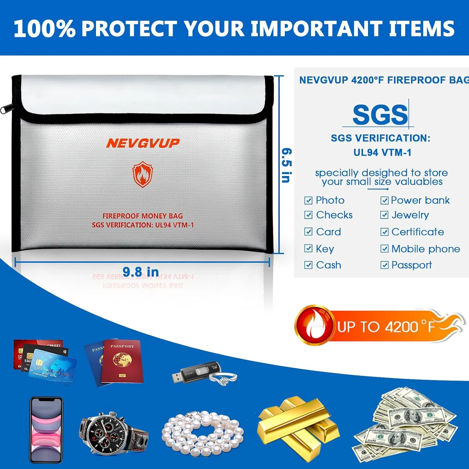 4200F Fireproof Money Bag for Cash -Heat Insulated, 9.8 x 6.5" Fireproof Document Bag with Waterproof Zipper, Small Fireproof Bag Set with Reflective Strip and Fireproof Edging for Valuables