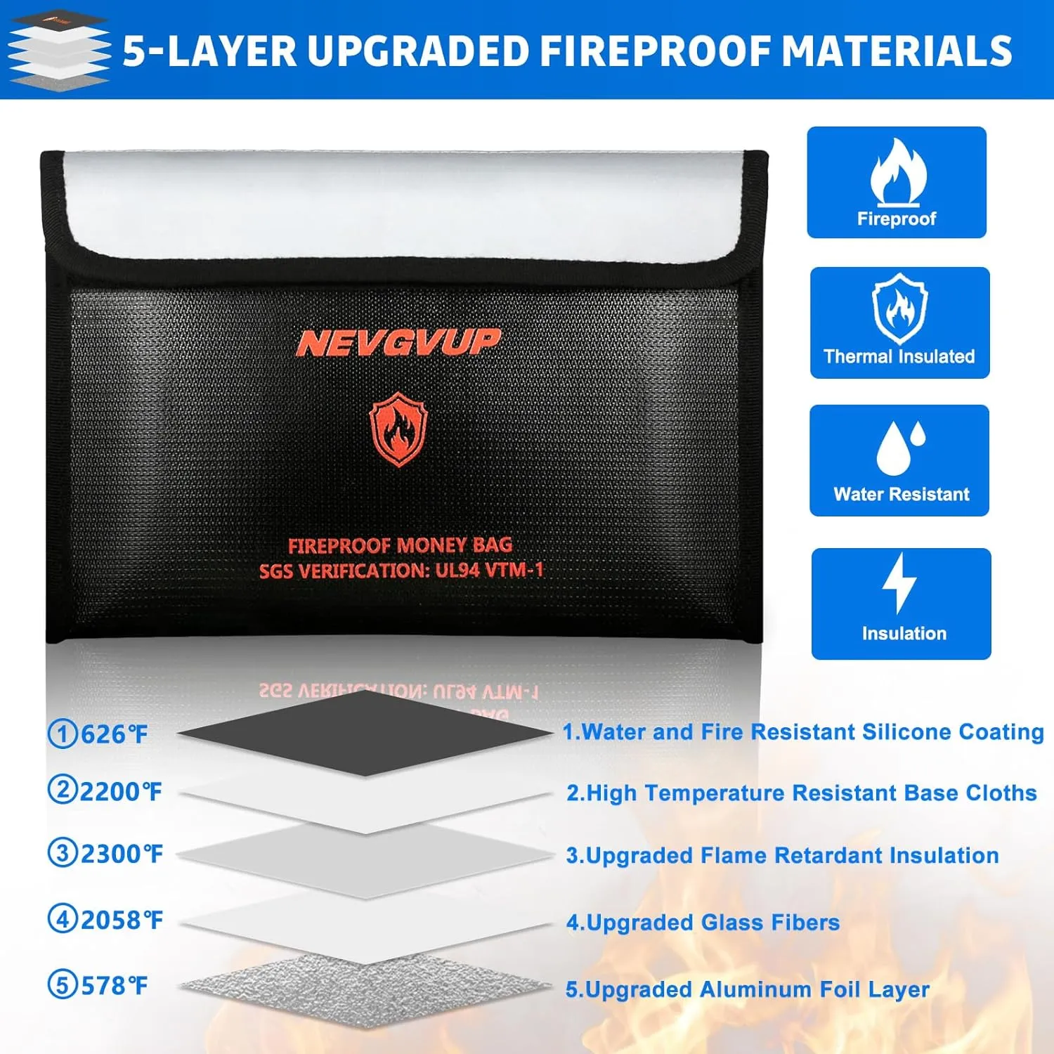 4200F Fireproof Money Bag for Cash -Heat Insulated, 9.8 x 6.5" Fireproof Document Bag with Waterproof Zipper, Small Fireproof Bag Set with Reflective Strip and Fireproof Edging for Valuables