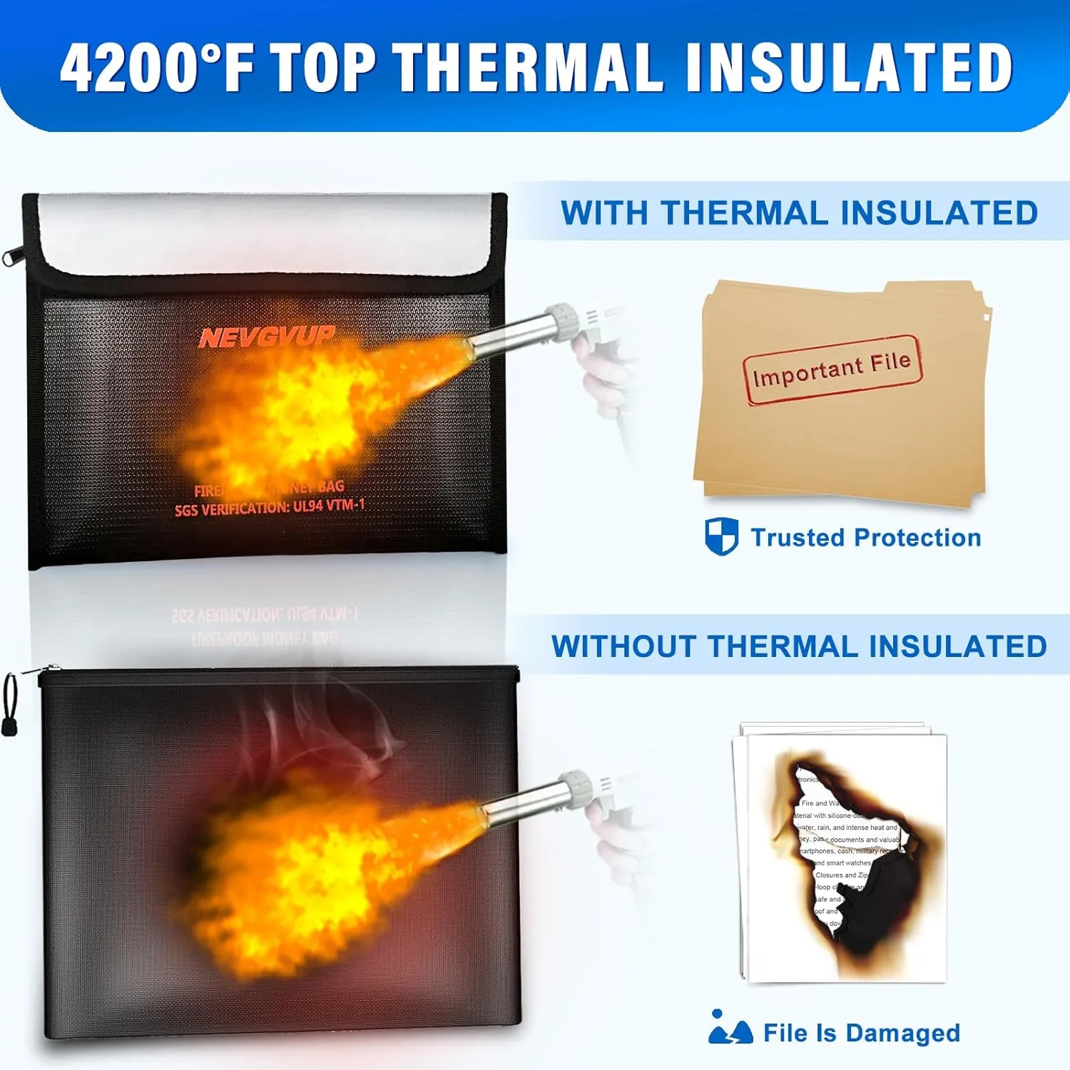 4200F Fireproof Money Bag for Cash -Heat Insulated, 9.8 x 6.5" Fireproof Document Bag with Waterproof Zipper, Small Fireproof Bag Set with Reflective Strip and Fireproof Edging for Valuables