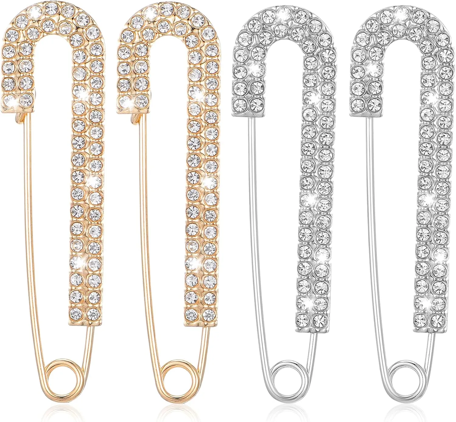 4PCS Crystal Decorative Safety Pins for Clothing, Shawl Brooch Scarf Pins and Clips for Women, Pin Sweater Dress Shirt Clips for Women Girls Decoration Accessories(Gold, Silver)