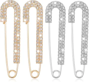 4PCS Crystal Decorative Safety Pins for Clothing, Shawl Brooch Scarf Pins and Clips for Women, Pin Sweater Dress Shirt Clips for Women Girls Decoration Accessories(Gold, Silver)