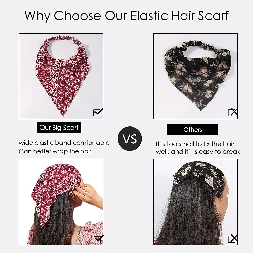 6 Pack Hair Scarf Headband for Women - Elastic Hair Kerchief Boho Triangle Bandana Head Scarf with Clips Non Slip Headbands Scarves for Girls