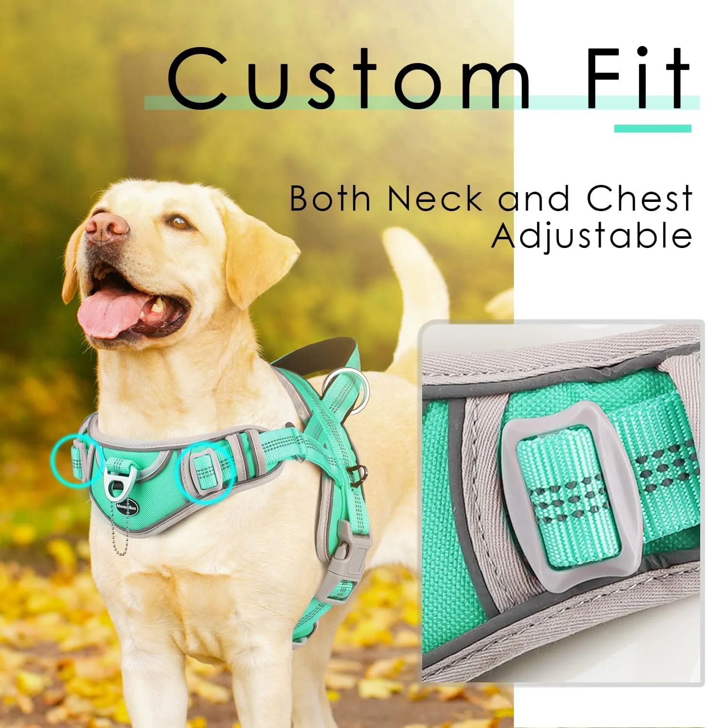 ADVENTUREMORE No Pull Large Dog Harness, Sport Dog Halter Harness Reflective Breathable Dog Vest Escape Proof Dog Harness with Easy Control Front Clip Handle for Training Walking XL Teal