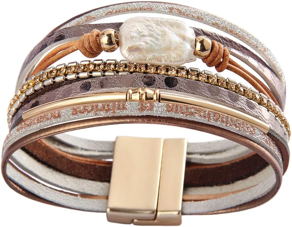 AZORA Womens Leather Cuff Bracelet Baroque Pearl Wrap Bracelets Gorgeous Gold Tube Bangle Handmade Wristbands Jewelry Bohemian Gift for Women