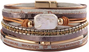 AZORA Womens Leather Cuff Bracelet Baroque Pearl Wrap Bracelets Gorgeous Gold Tube Bangle Handmade Wristbands Jewelry Bohemian Gift for Women