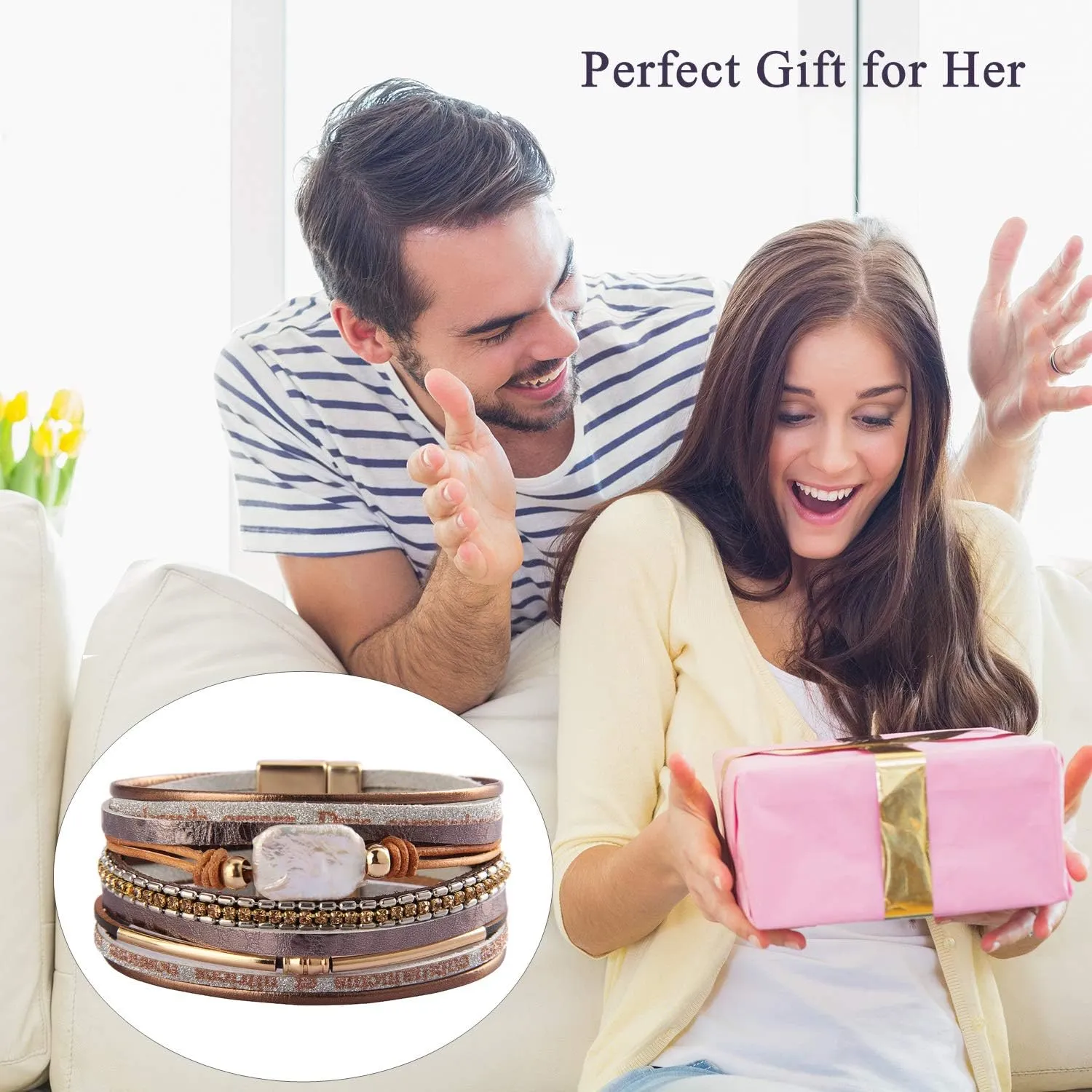 AZORA Womens Leather Cuff Bracelet Baroque Pearl Wrap Bracelets Gorgeous Gold Tube Bangle Handmade Wristbands Jewelry Bohemian Gift for Women