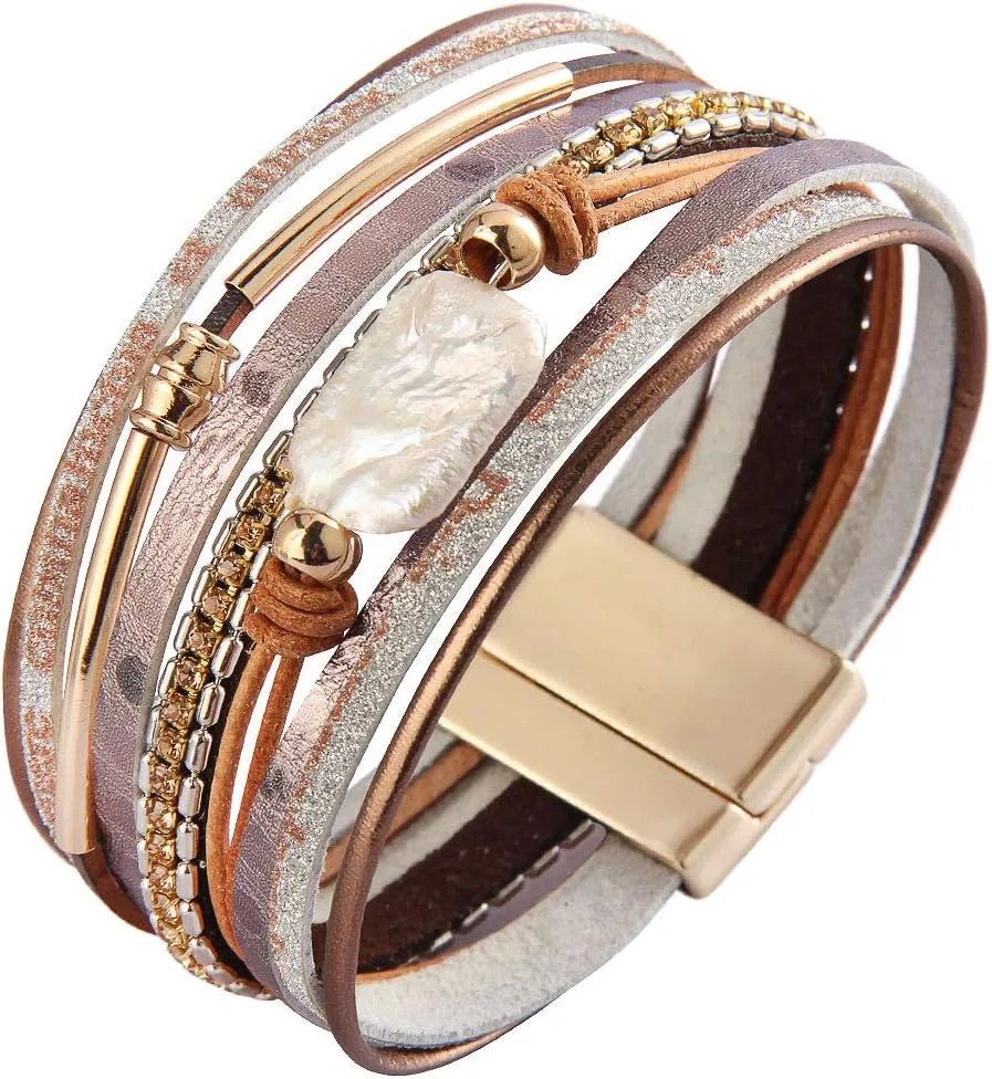 AZORA Womens Leather Cuff Bracelet Baroque Pearl Wrap Bracelets Gorgeous Gold Tube Bangle Handmade Wristbands Jewelry Bohemian Gift for Women