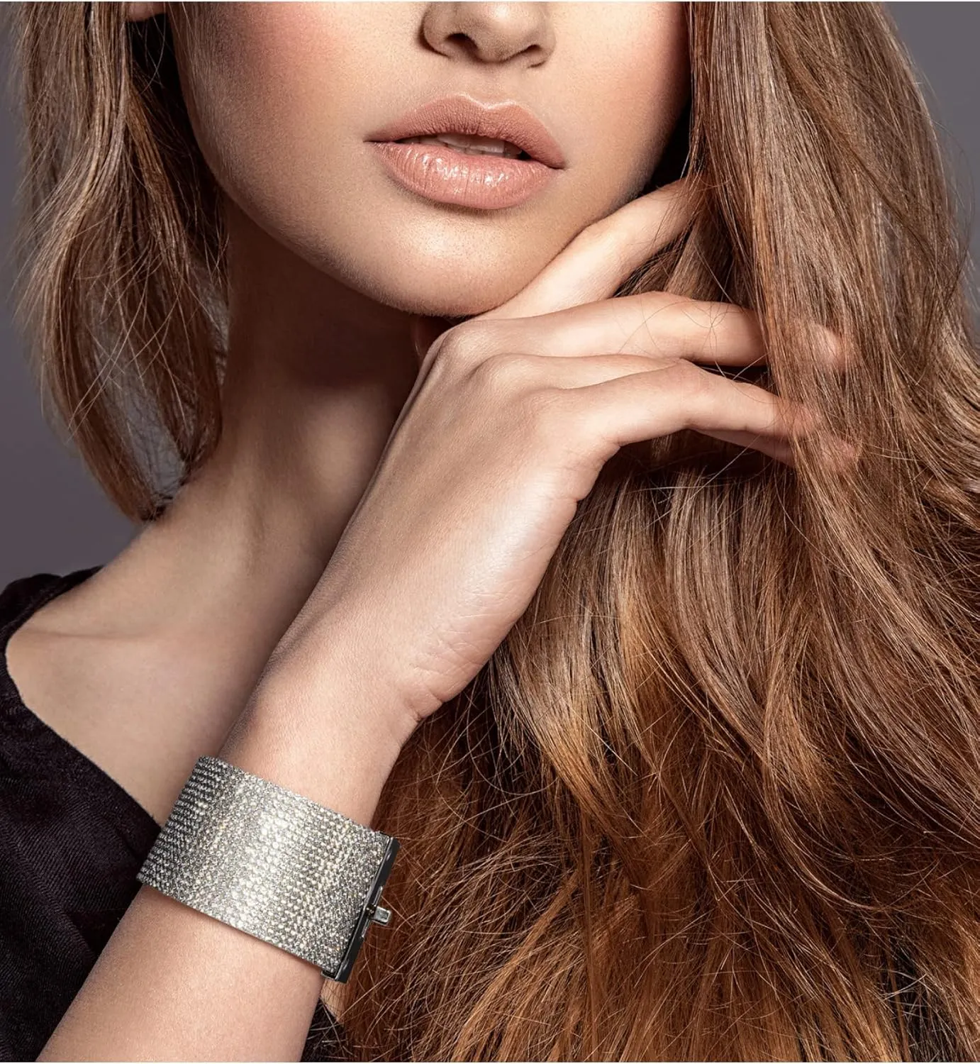 Badgley Mischka Women's Bracelet - Crystal Studded Leatherette Box Clasp Bangle Cuff Wrap Wristband