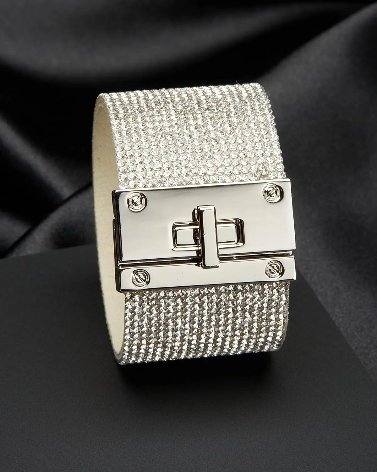 Badgley Mischka Women's Bracelet - Crystal Studded Leatherette Box Clasp Bangle Cuff Wrap Wristband