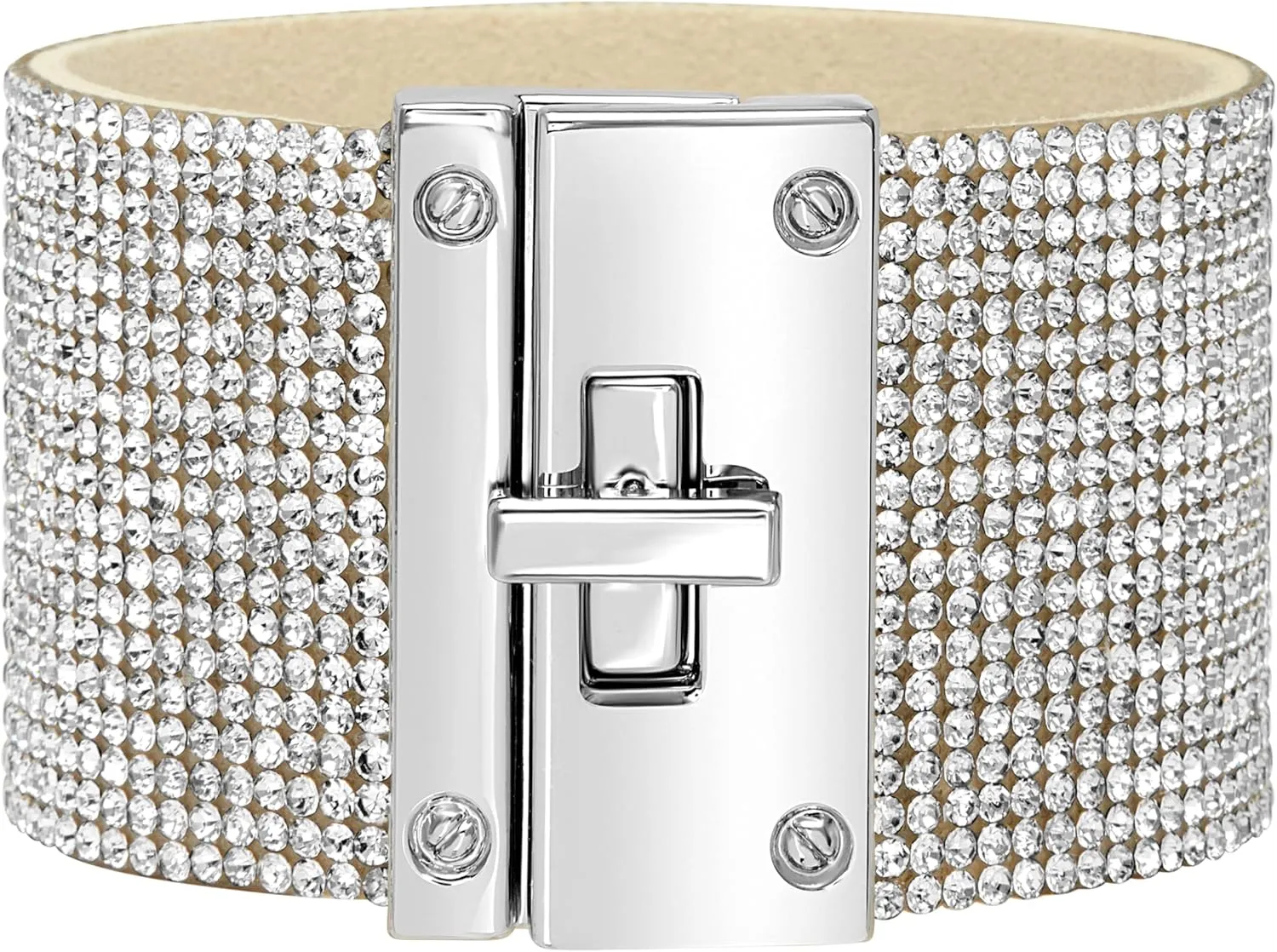 Badgley Mischka Women's Bracelet - Crystal Studded Leatherette Box Clasp Bangle Cuff Wrap Wristband