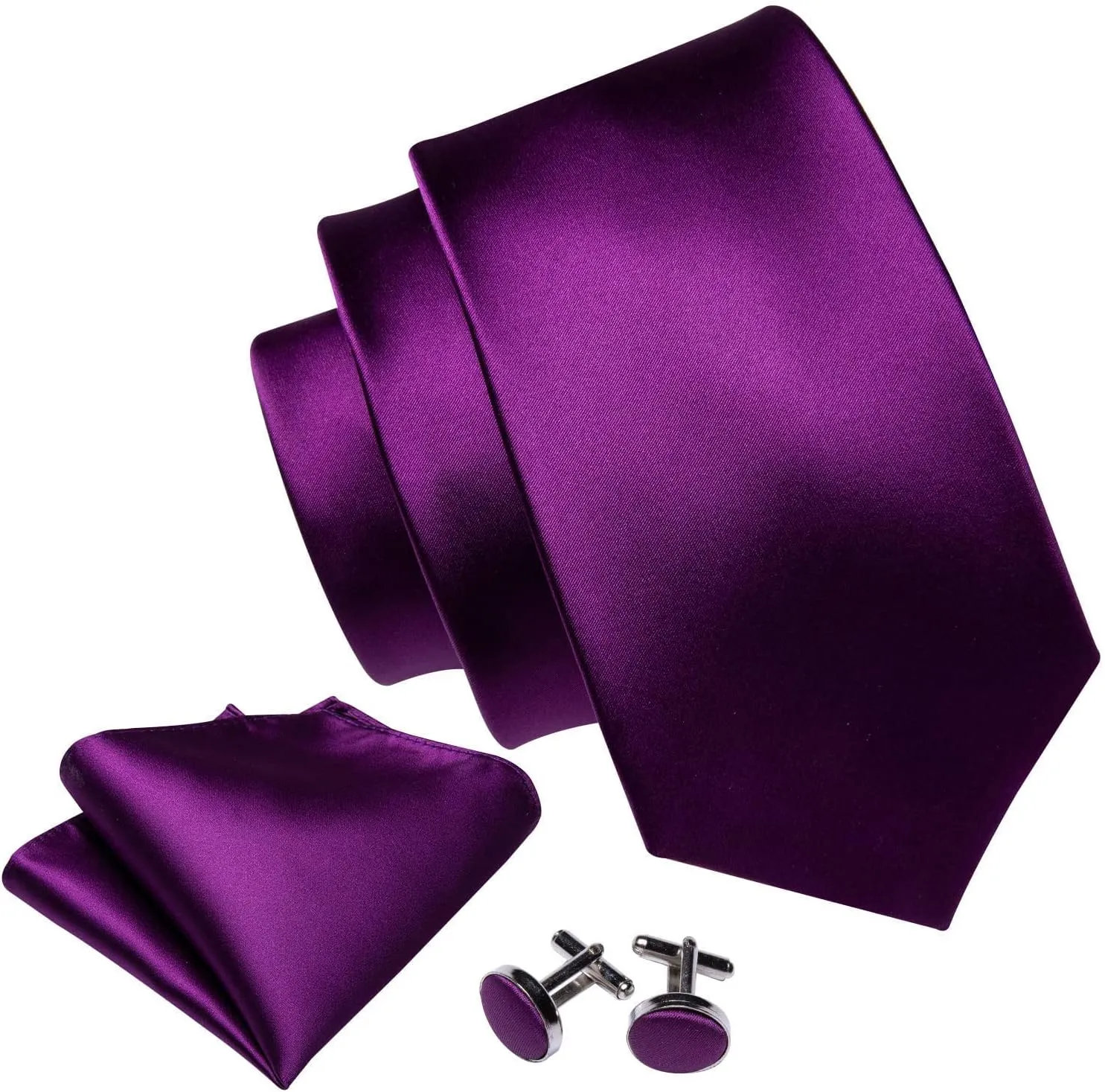 Barry.Wang Plain Men Silk Ties Extra Long Stain Necktie for Wedding Business Handkerchief Cufflinks Set Solid Colors