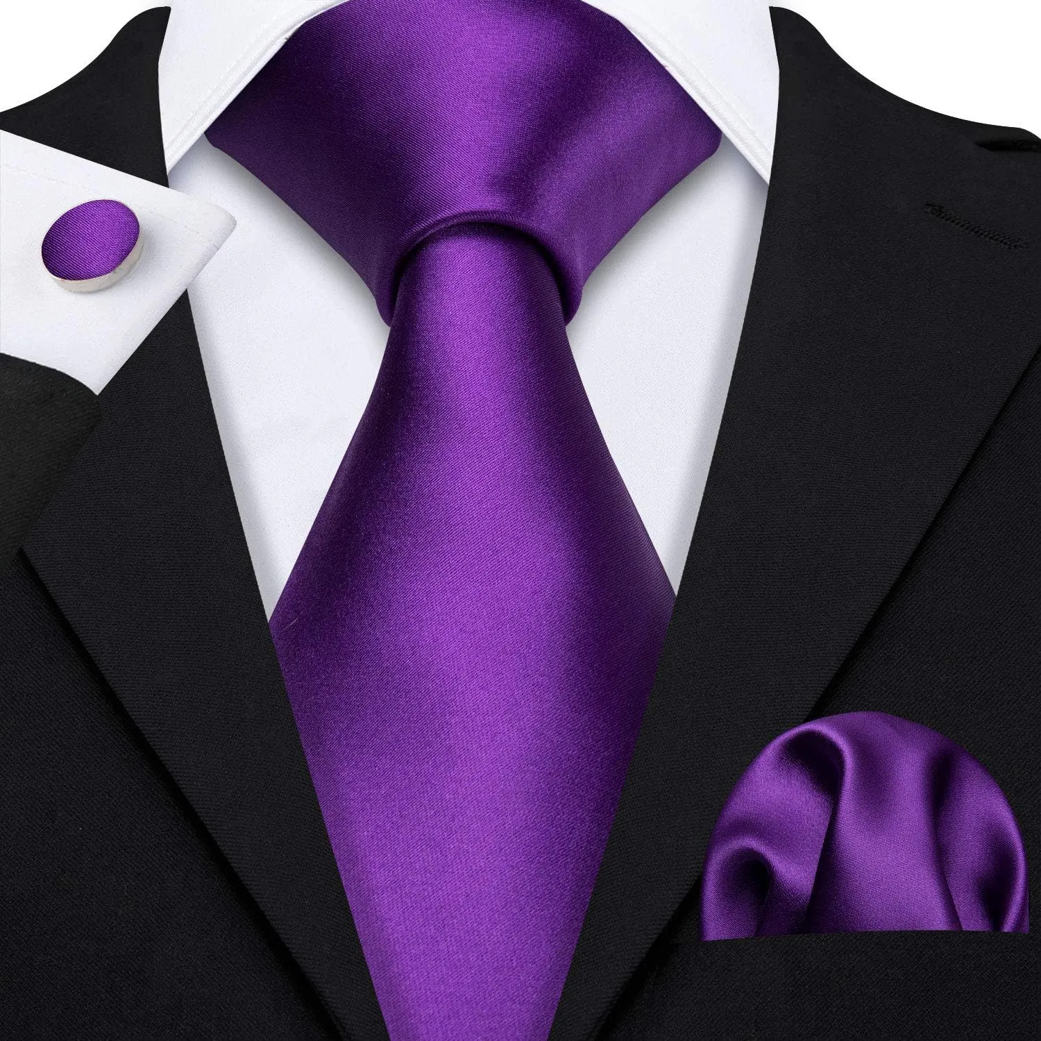 Barry.Wang Plain Men Silk Ties Extra Long Stain Necktie for Wedding Business Handkerchief Cufflinks Set Solid Colors