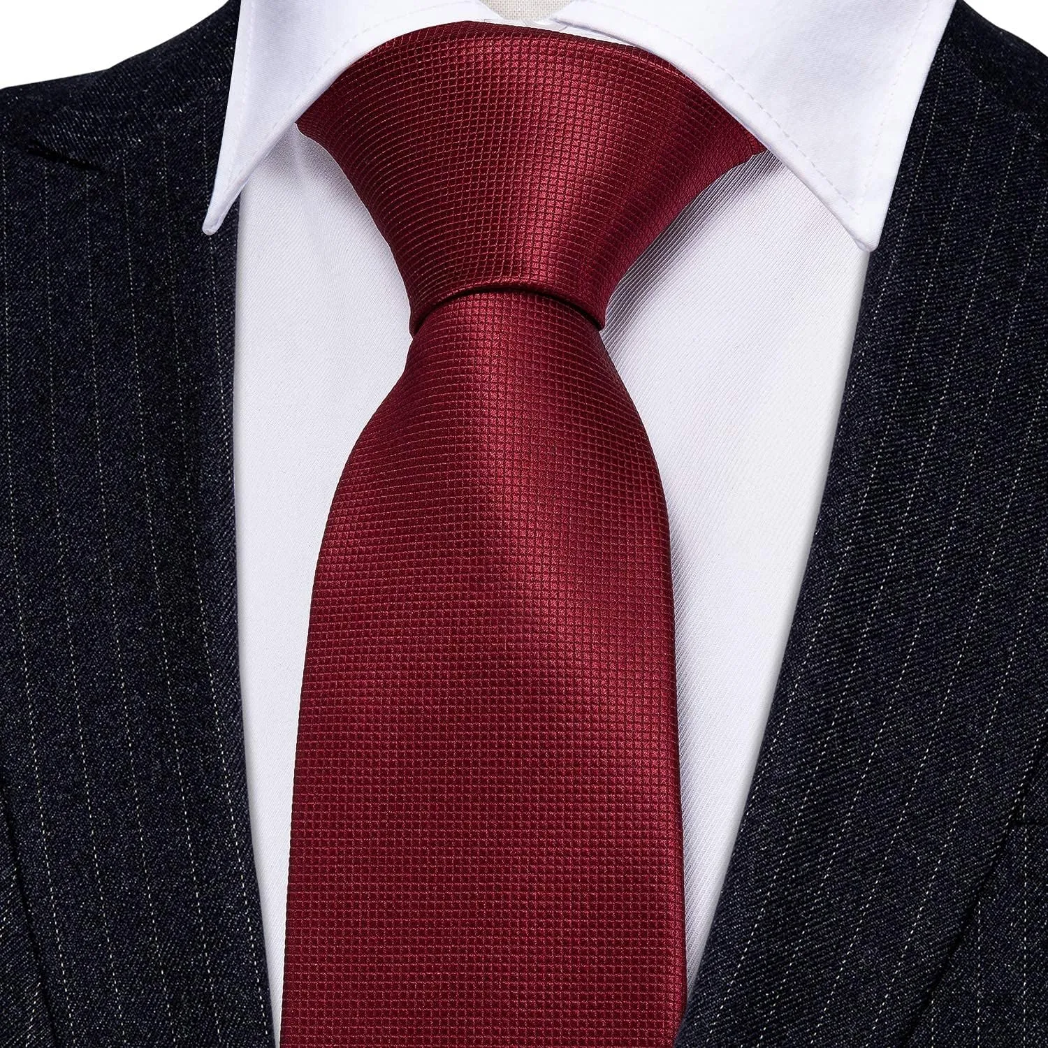 Barry.Wang Plain Men Silk Ties Extra Long Stain Necktie for Wedding Business Handkerchief Cufflinks Set Solid Colors