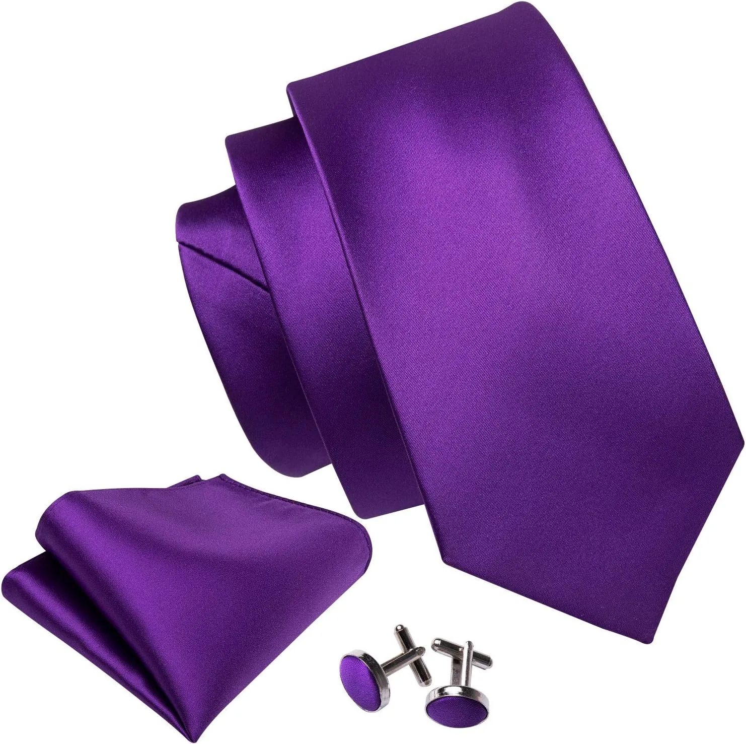 Barry.Wang Plain Men Silk Ties Extra Long Stain Necktie for Wedding Business Handkerchief Cufflinks Set Solid Colors