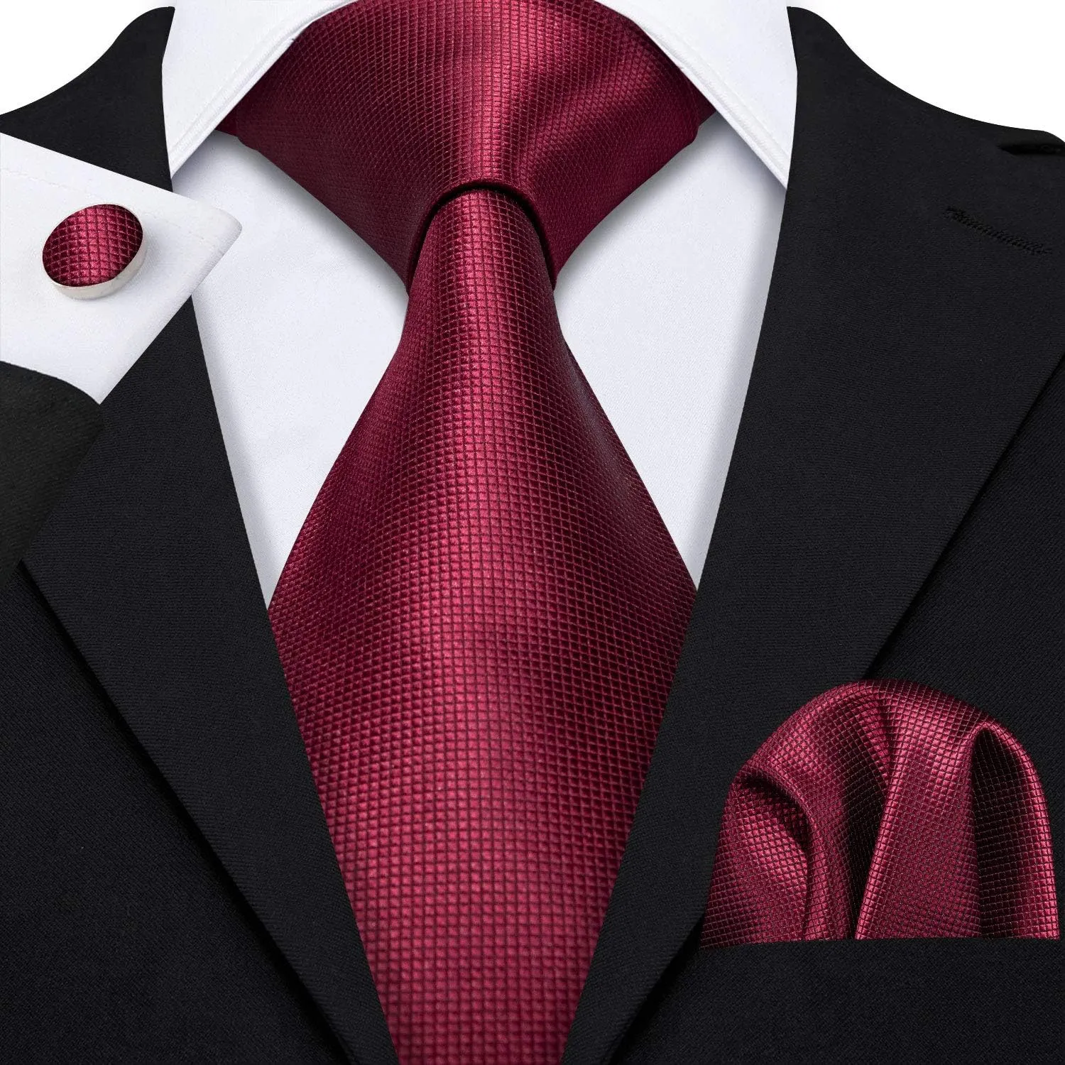 Barry.Wang Plain Men Silk Ties Extra Long Stain Necktie for Wedding Business Handkerchief Cufflinks Set Solid Colors