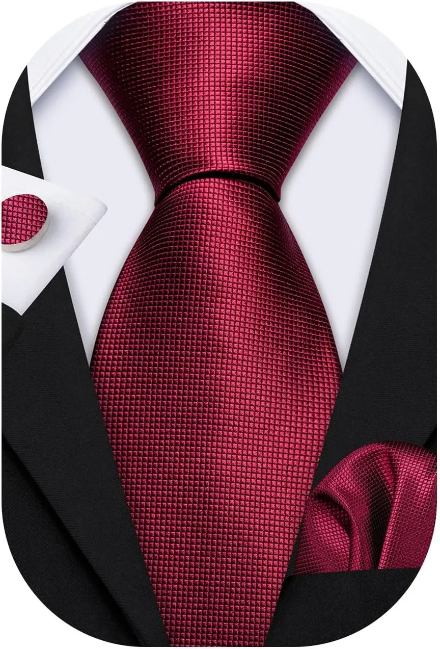 Barry.Wang Plain Men Silk Ties Extra Long Stain Necktie for Wedding Business Handkerchief Cufflinks Set Solid Colors