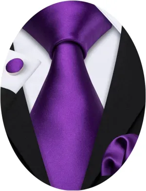 Barry.Wang Plain Men Silk Ties Extra Long Stain Necktie for Wedding Business Handkerchief Cufflinks Set Solid Colors