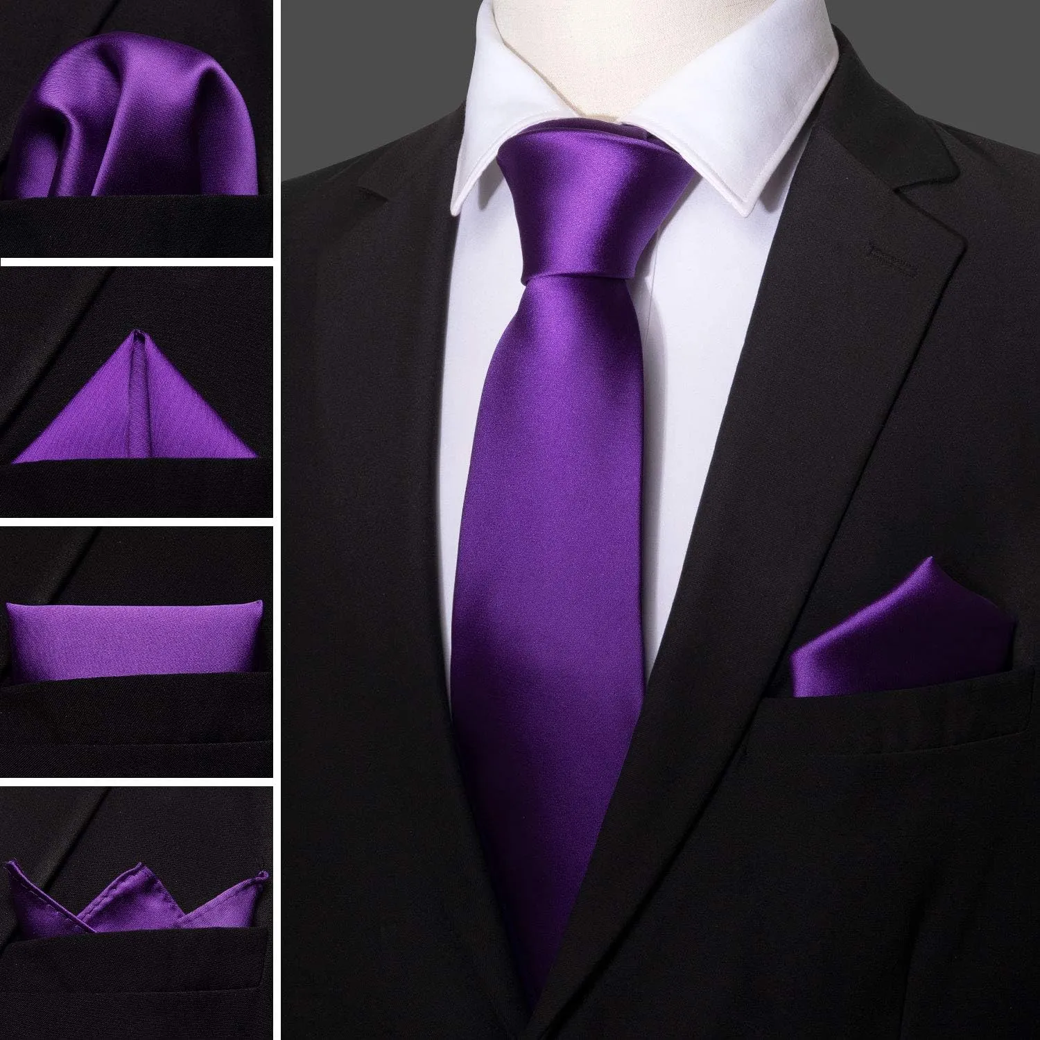 Barry.Wang Plain Men Silk Ties Extra Long Stain Necktie for Wedding Business Handkerchief Cufflinks Set Solid Colors