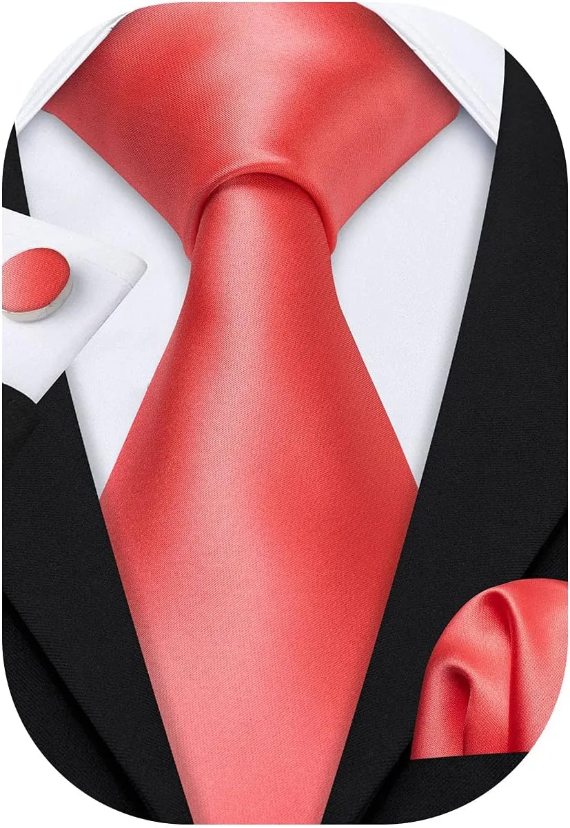Barry.Wang Plain Men Silk Ties Extra Long Stain Necktie for Wedding Business Handkerchief Cufflinks Set Solid Colors