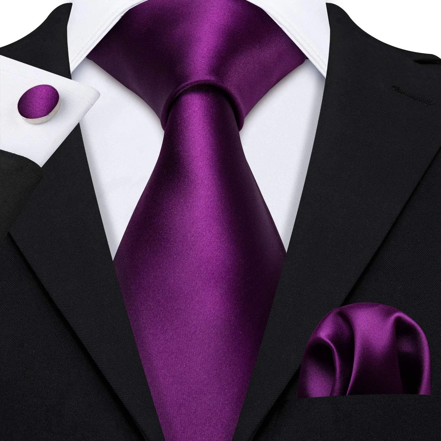 Barry.Wang Plain Men Silk Ties Extra Long Stain Necktie for Wedding Business Handkerchief Cufflinks Set Solid Colors