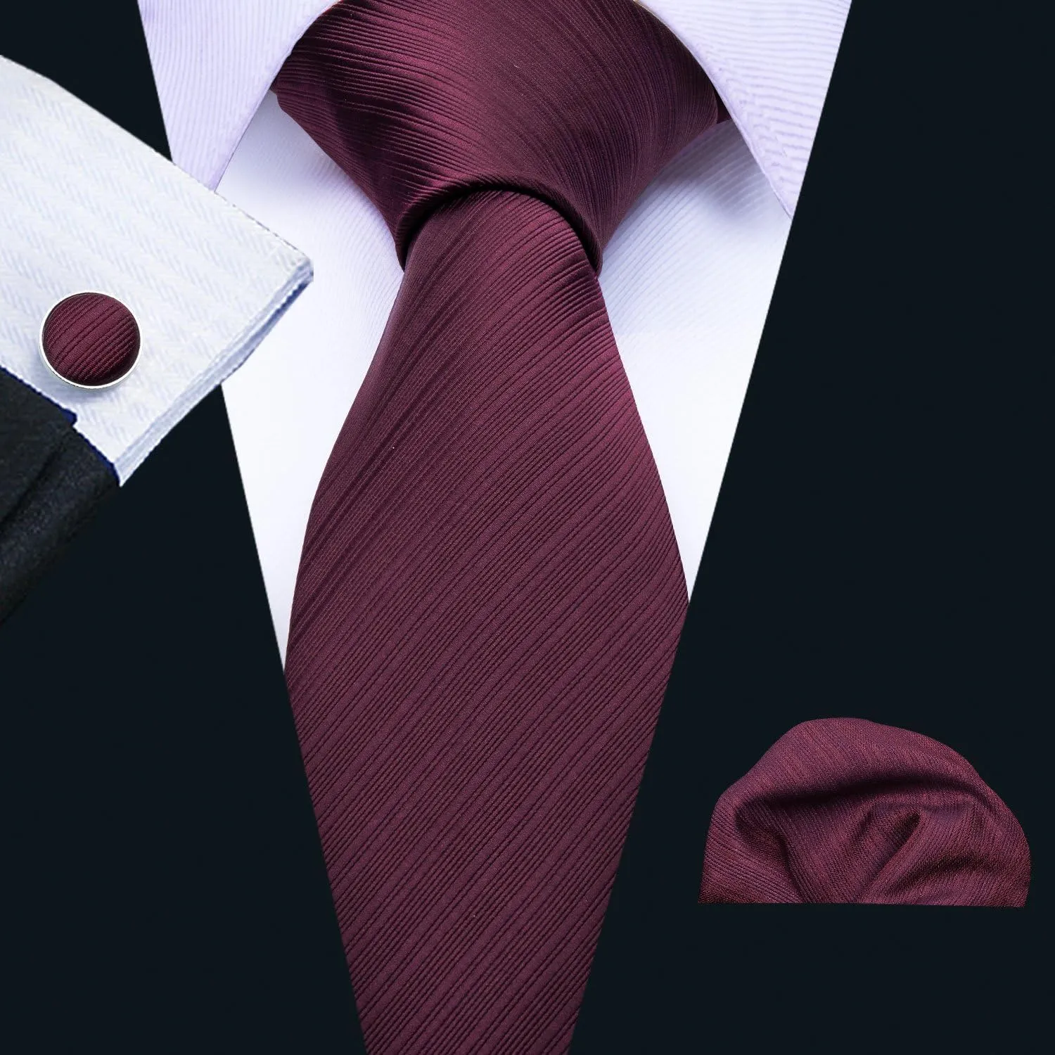 Barry.Wang Plain Men Silk Ties Extra Long Stain Necktie for Wedding Business Handkerchief Cufflinks Set Solid Colors