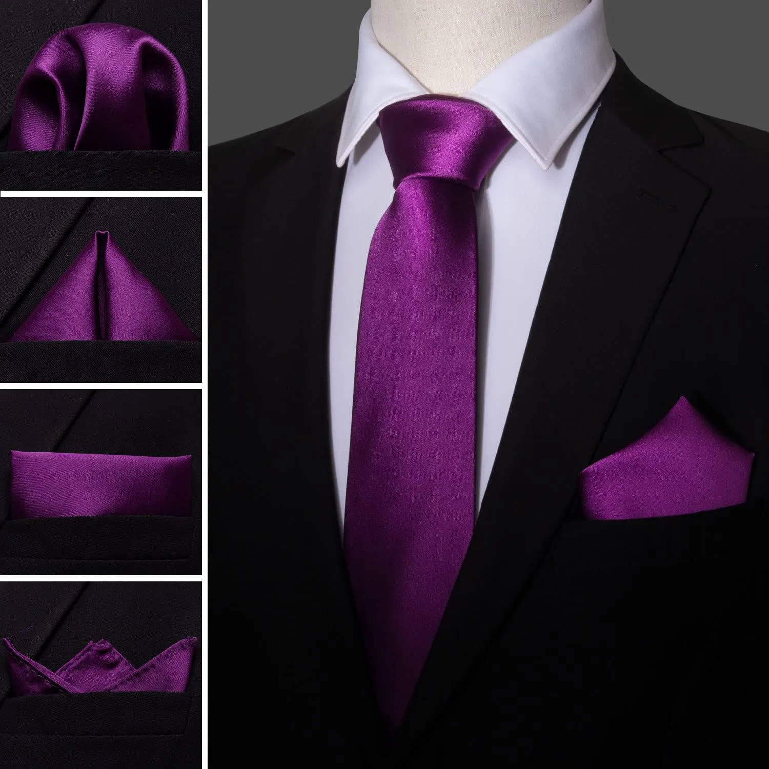 Barry.Wang Plain Men Silk Ties Extra Long Stain Necktie for Wedding Business Handkerchief Cufflinks Set Solid Colors