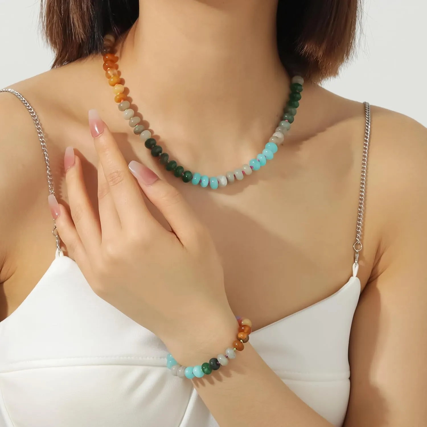 Beaded Gemstone Necklace for Women, Colorful Boho Bead Choker Necklace Natural Stone Freshwater Pearl Surfer Beach Necklace 14K Gold Plated Summer Handmade Jewelry Gifts