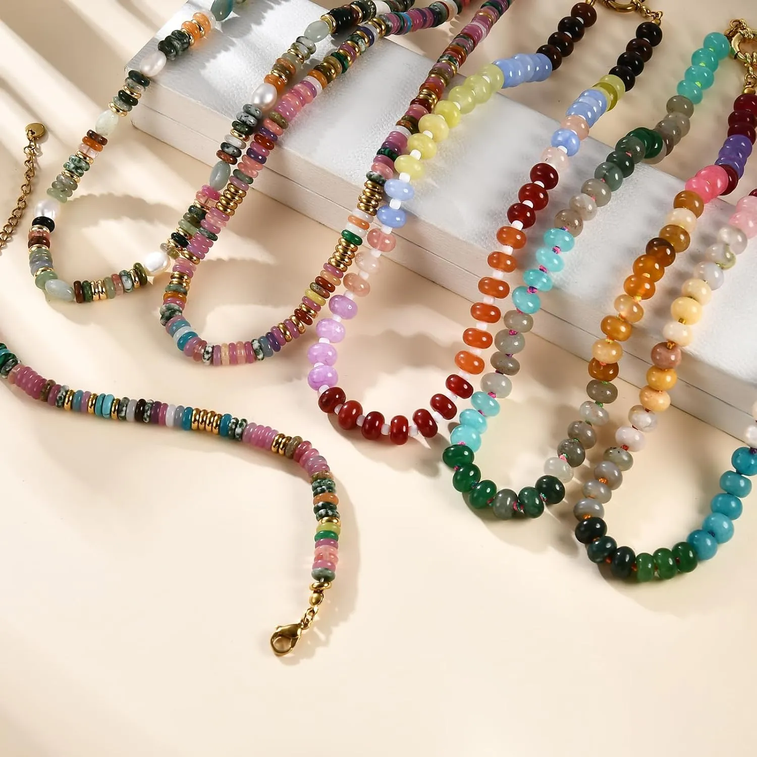 Beaded Gemstone Necklace for Women, Colorful Boho Bead Choker Necklace Natural Stone Freshwater Pearl Surfer Beach Necklace 14K Gold Plated Summer Handmade Jewelry Gifts