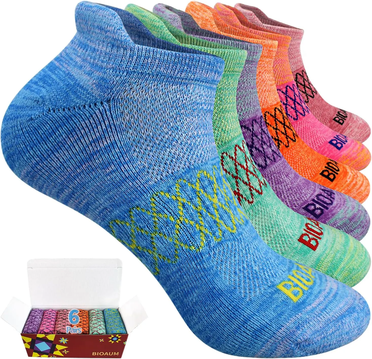 BIOAUM Womens Cotton Ankle Anti-blister Thick Cushioned Wicking Odor Resist Athletic Running Socks 6 Pairs