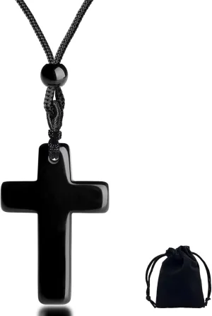 Black Cross Necklace for Men, Healing Crystal Cross Necklace Natural Gemstone Black Obsidian Necklace with Adjustable Rope, Amulet Necklace Father's Day Gift