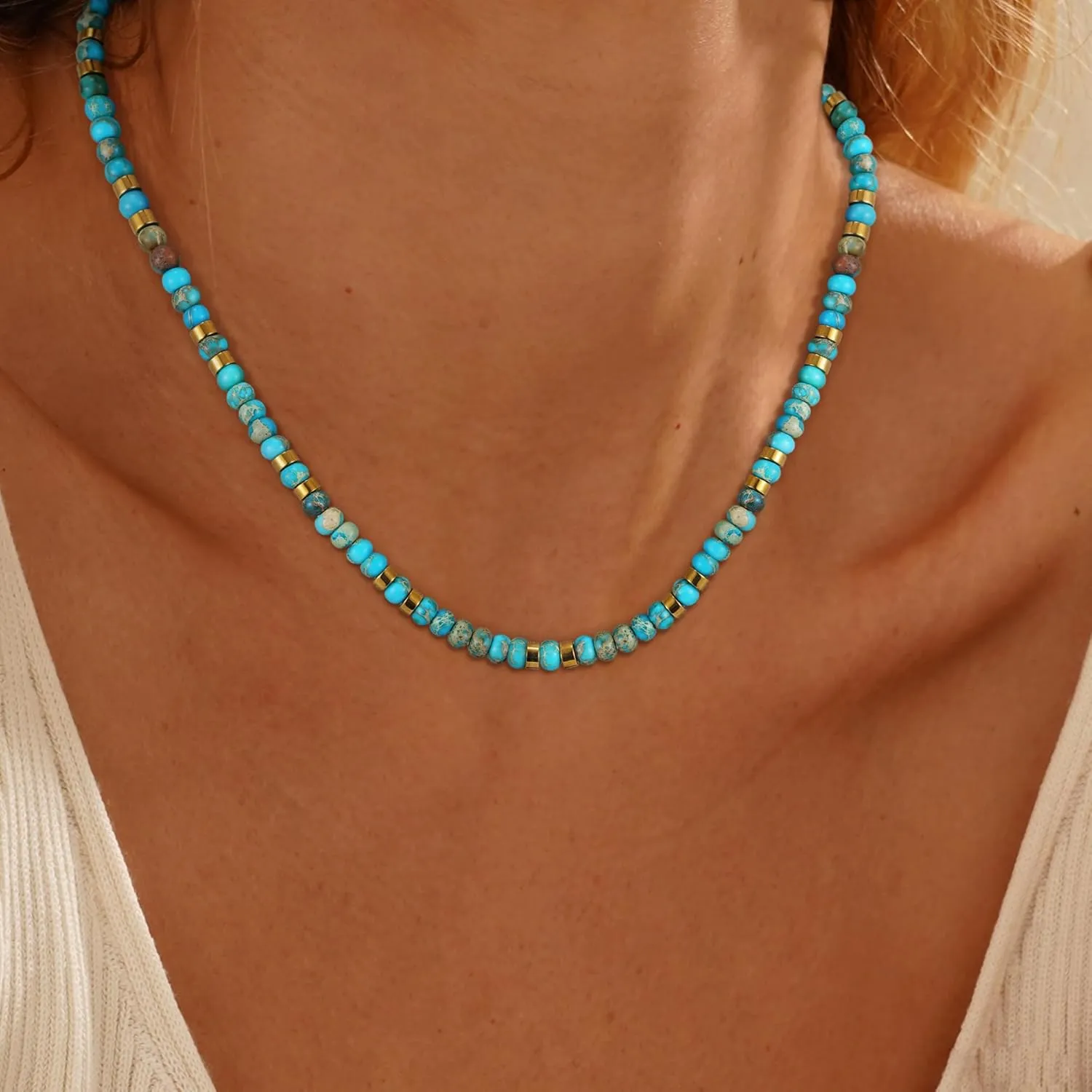 Boho Bead Natural Stone Necklace for Women - Boho Colorful Bead Choker Necklace Heart Pearl Star Necklaces Waterproof Jewelry Summer Beach Choker Necklaces for Women Girls Gifts