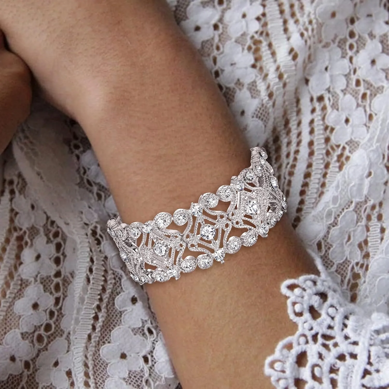 BriLove Women's Wedding Bridal Crystal Cluster Tennis Stretch Bracelet