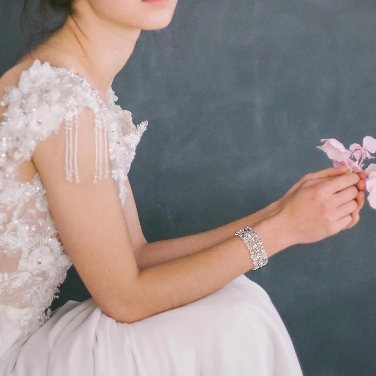BriLove Women's Wedding Bridal Crystal Cluster Tennis Stretch Bracelet