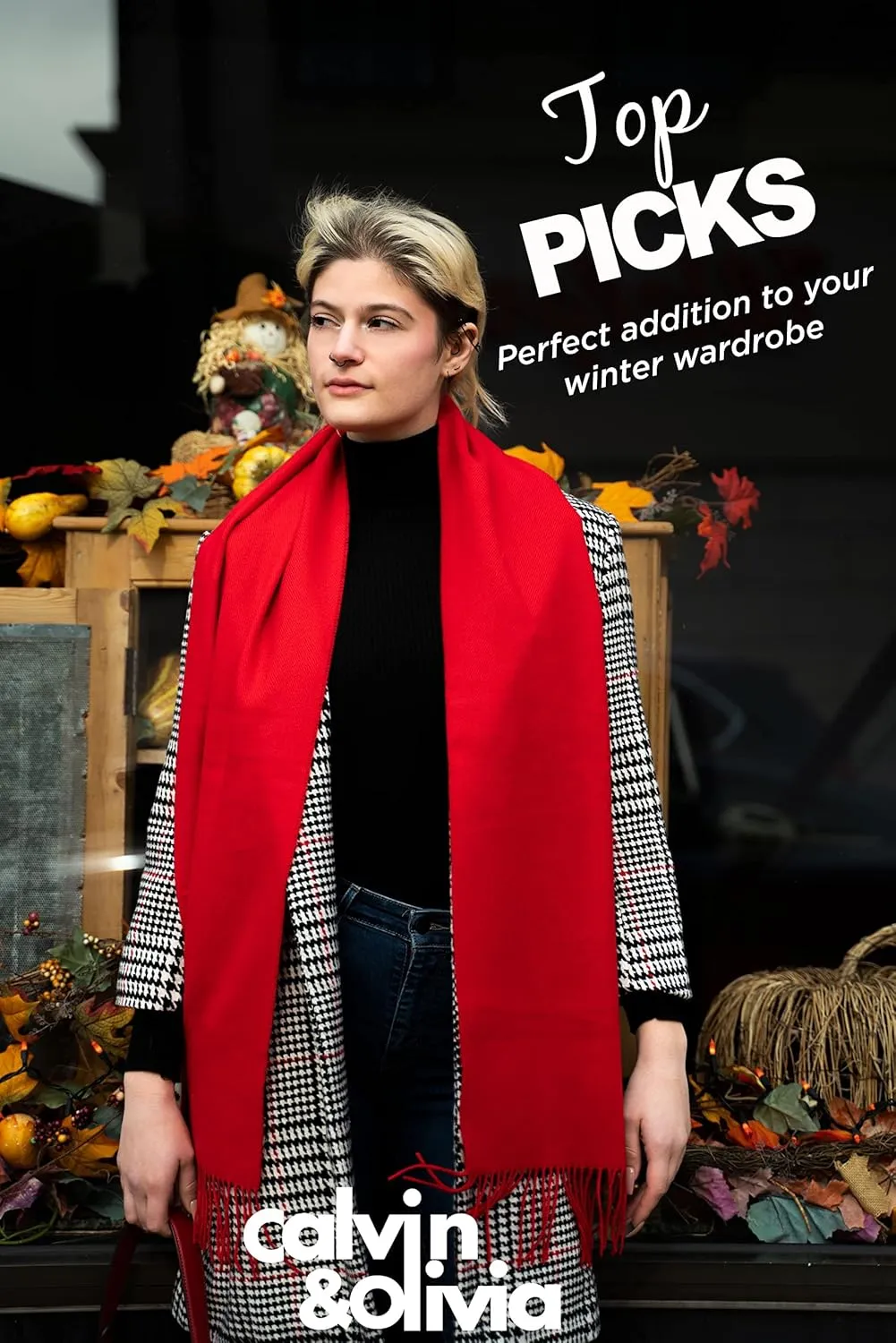 CALVIN & OLIVIA Women's Fall Winter Scarf Thick Classic Plaid Scarf Wrap Warmth Soft Oversized Cashmere Feel Scarves