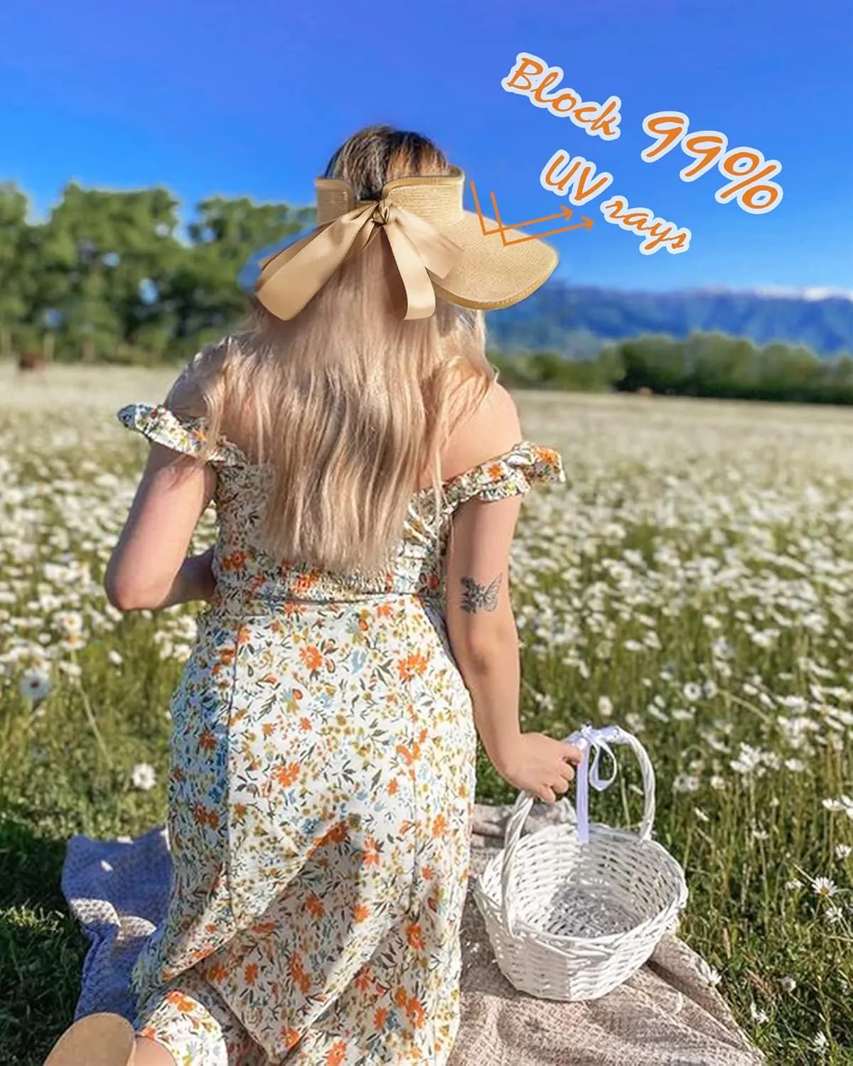 Camptrace Sun Visors for Women Wide Brim Beach Hat Foldable Straw Visor Hat Ponytail Summer Packable UPF 80 