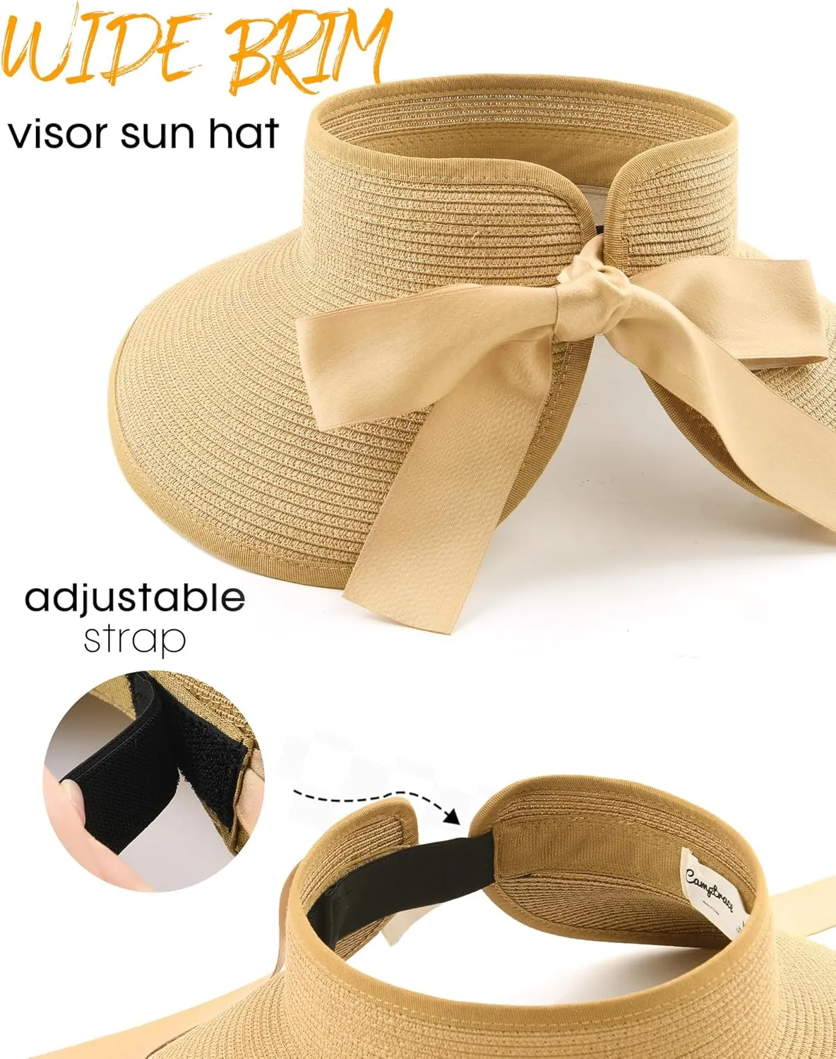 Camptrace Sun Visors for Women Wide Brim Beach Hat Foldable Straw Visor Hat Ponytail Summer Packable UPF 80 