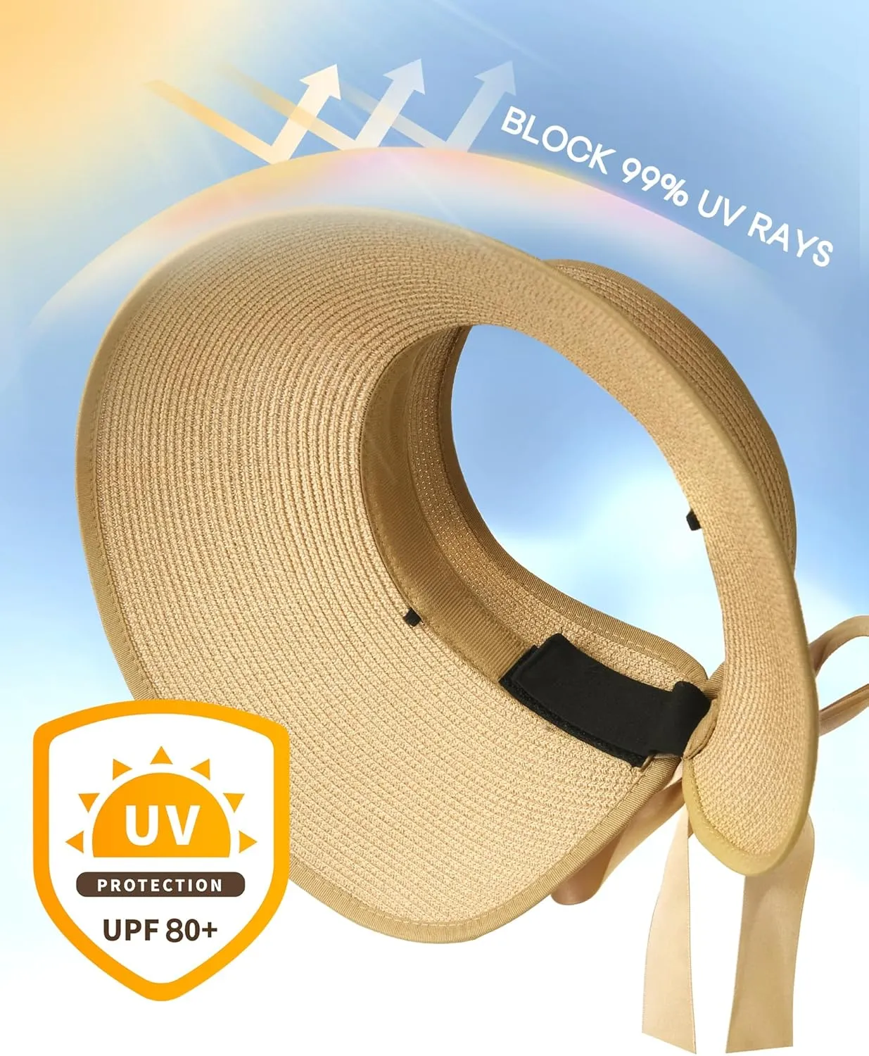 Camptrace Sun Visors for Women Wide Brim Beach Hat Foldable Straw Visor Hat Ponytail Summer Packable UPF 80 