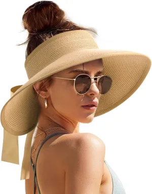 Camptrace Sun Visors for Women Wide Brim Beach Hat Foldable Straw Visor Hat Ponytail Summer Packable UPF 80 