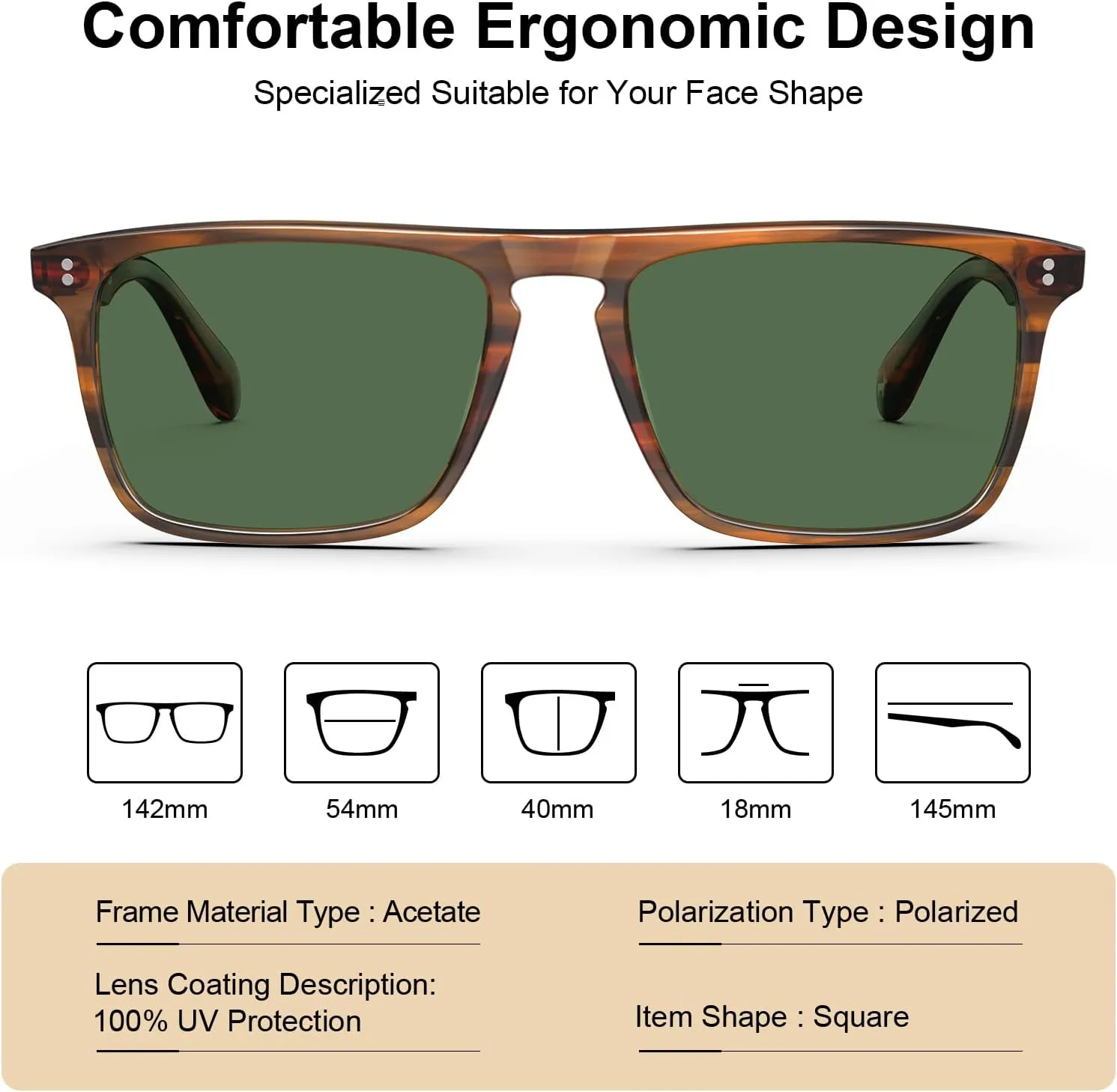 CARFIA Retro Polarized Sunglasses for Men UV Protection Hand-crafted Acetate Frame Fashion Cool Sun Glasses CA53572