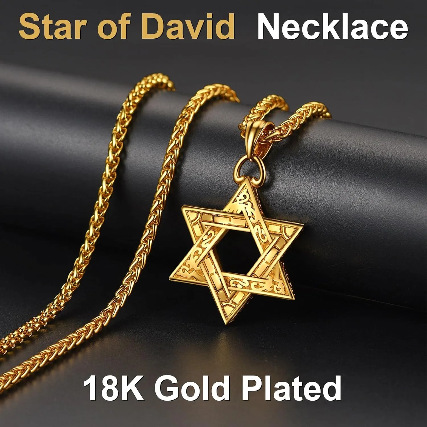ChainsPro Star of David Necklace for Men 18K Gold/Stainless Steel/Black (Send Gift Box)