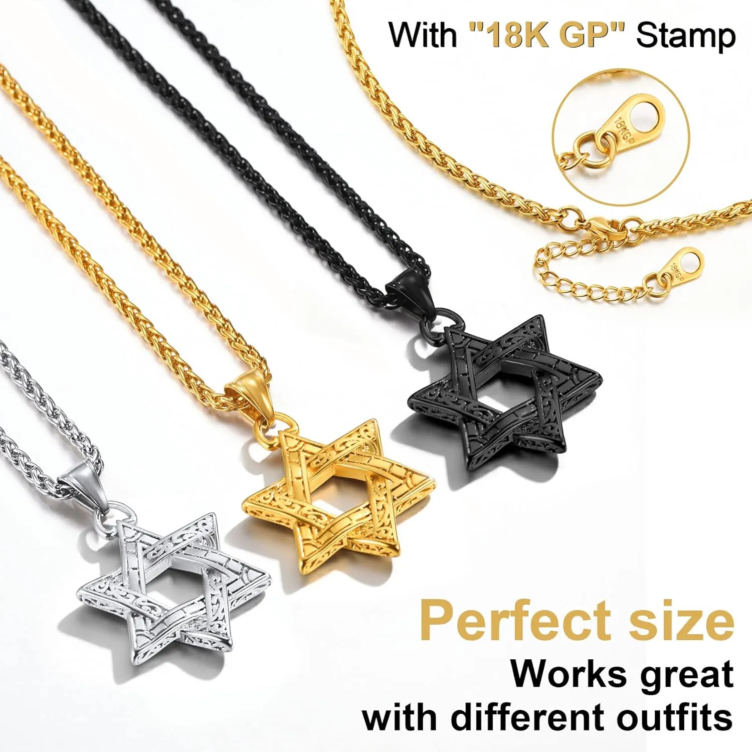 ChainsPro Star of David Necklace for Men 18K Gold/Stainless Steel/Black (Send Gift Box)