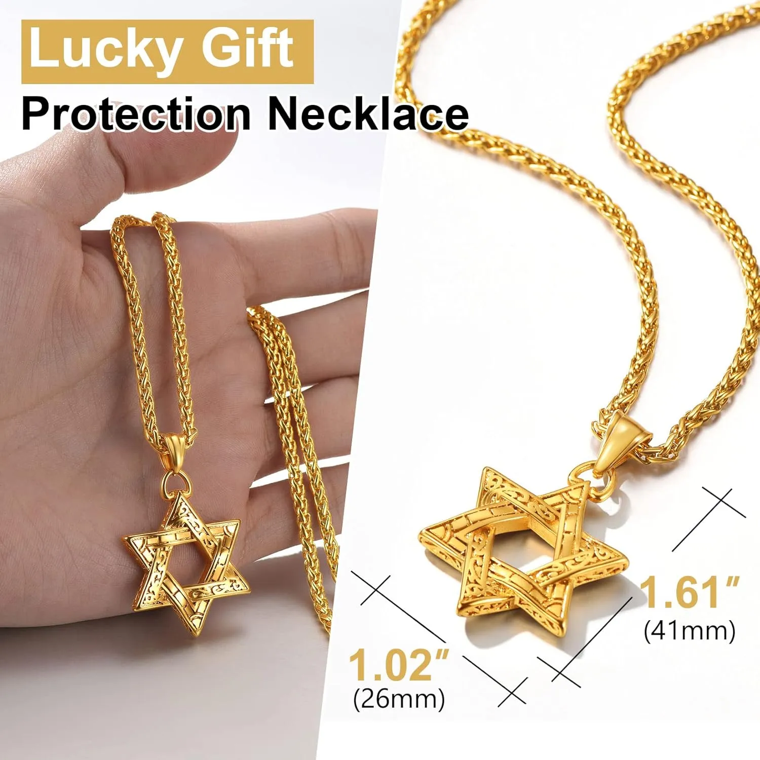 ChainsPro Star of David Necklace for Men 18K Gold/Stainless Steel/Black (Send Gift Box)