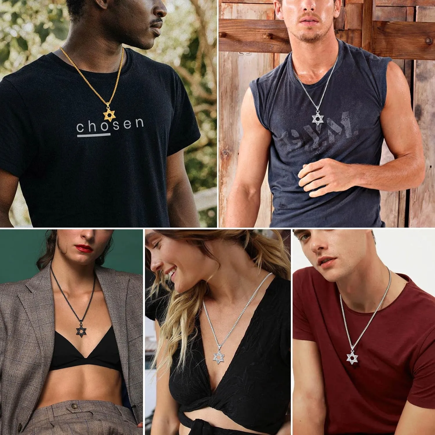 ChainsPro Star of David Necklace for Men 18K Gold/Stainless Steel/Black (Send Gift Box)
