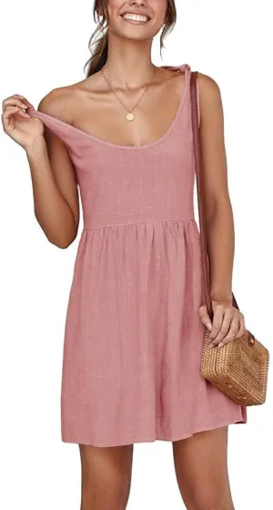 CNJFJ Womens Summer Shoulder Tie Strap Babydoll Dress Casual Scoop Neck A-Line Skater Swing Mini Sundress