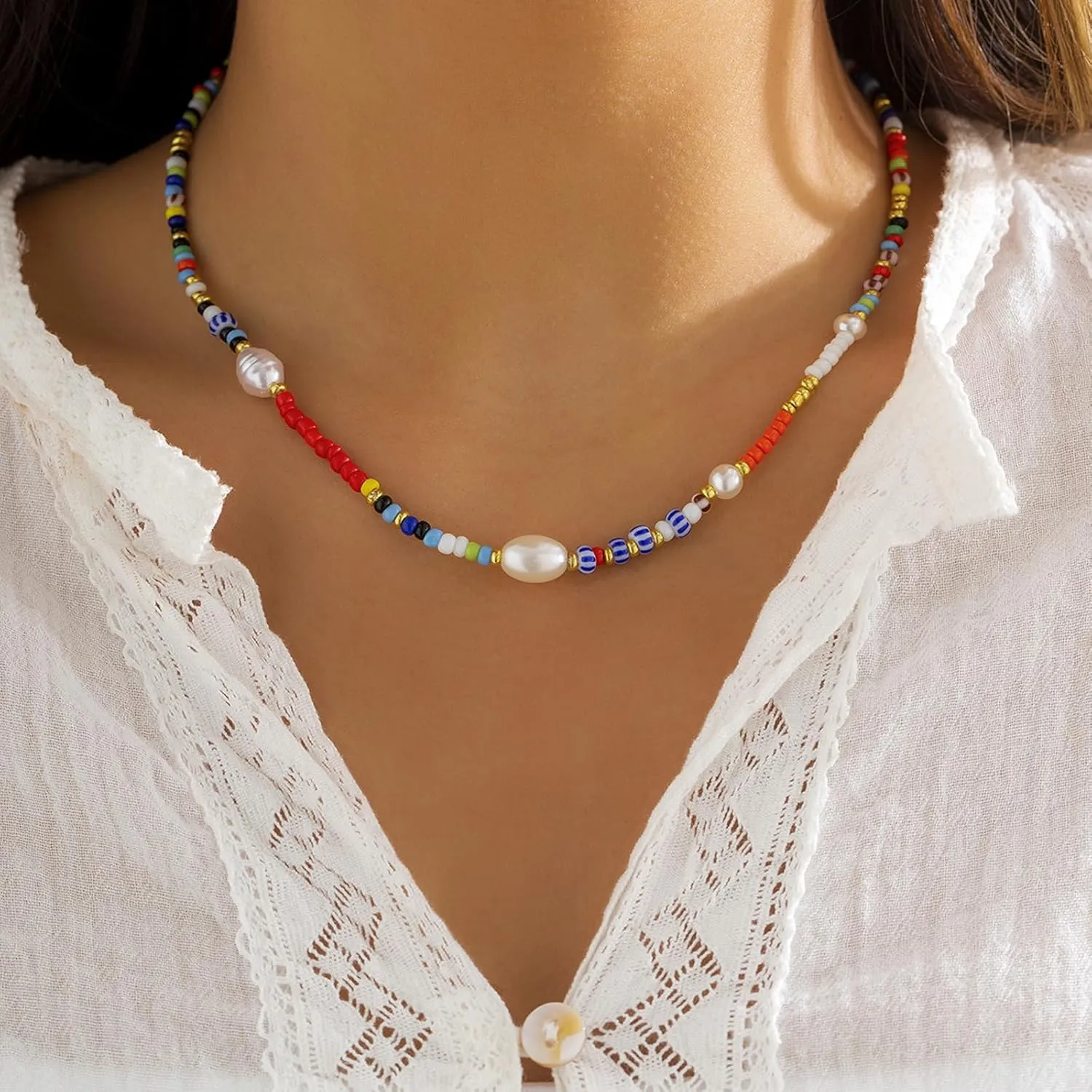 Colorful Beaded Necklace for Women Freshwater Beaded Pearl Choker Necklace for Women Y2K Trendy Pearl Necklace Boho Surfer Beach Necklace Summer Handmade Jewelry