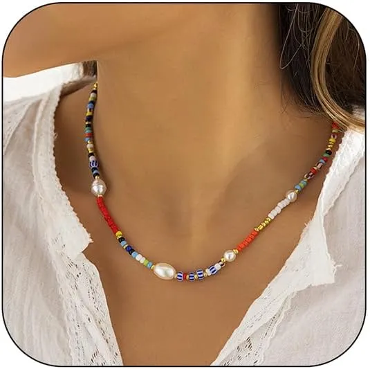 Colorful Beaded Necklace for Women Freshwater Beaded Pearl Choker Necklace for Women Y2K Trendy Pearl Necklace Boho Surfer Beach Necklace Summer Handmade Jewelry